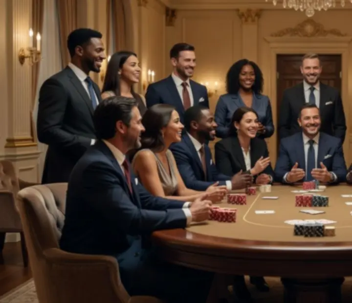 Équipe d'entreprise réunie autour de tables de poker récréatif dans une salle inspirée des palais parisiens.