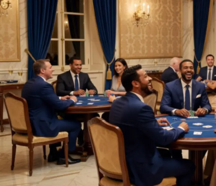 Vue d’ensemble d’un événement d’entreprise haut de gamme avec tables de poker social et invités en tenue de soirée