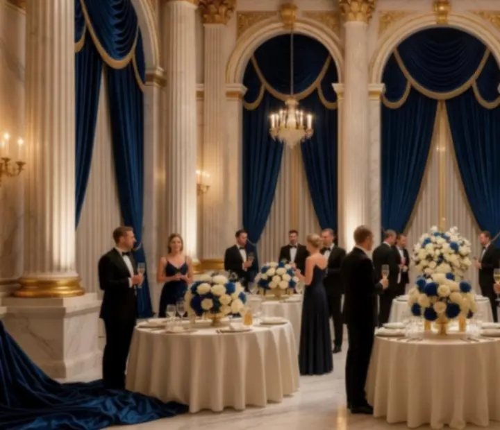 Réception professionnelle dans une architecture de style Empire avec colonnes et détails dorés